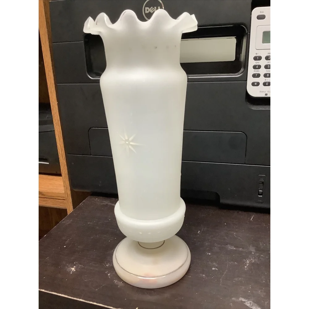Victorian Hand Blown Frosted Satin Glass Mantel Vase Ruffled Rim Painted 11”